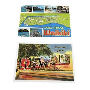 Lot Of 2 Hawaiiana Post Cards Waikiki Map Ephemera 1 Vintage 1 Repro Landscape